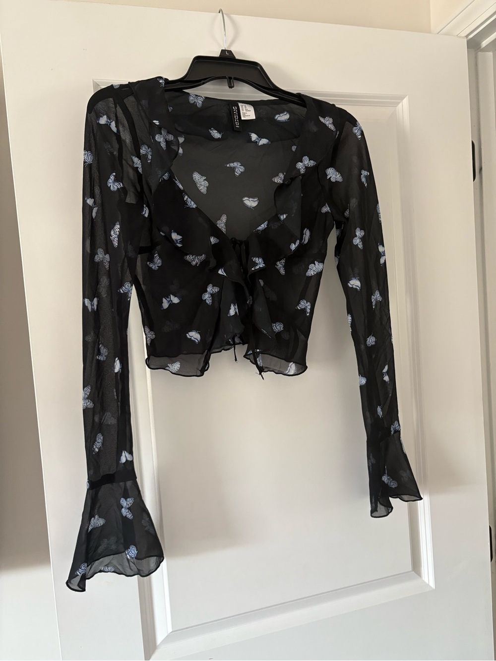 Divided Black Sheer Butterfly Ruffle Tie-Front Top
